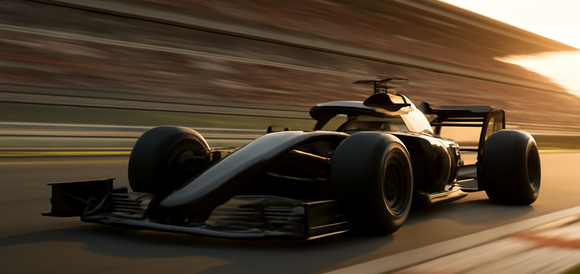 Mobil Formula 1 melaju cepat di tikungan sirkuit balapan