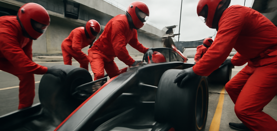 Kru pit mengganti ban mobil Formula 1 di pit lane saat balapan