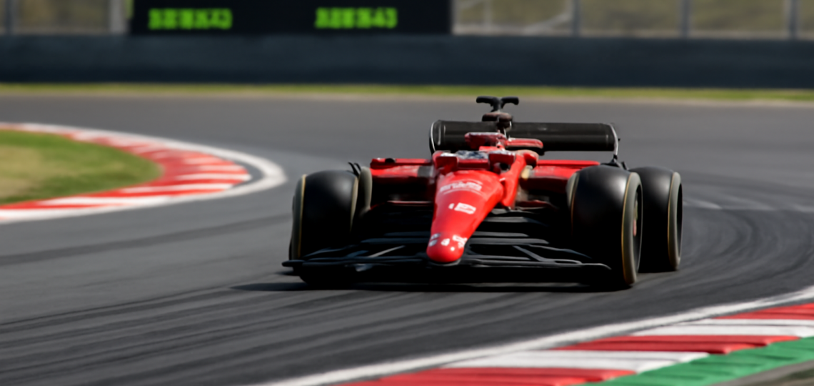Mobil Formula 1 melintasi tikungan sirkuit dengan layar catatan waktu sektor di latar belakang