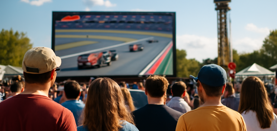 Penonton menyaksikan balapan Formula 1 di layar besar pada area penggemar