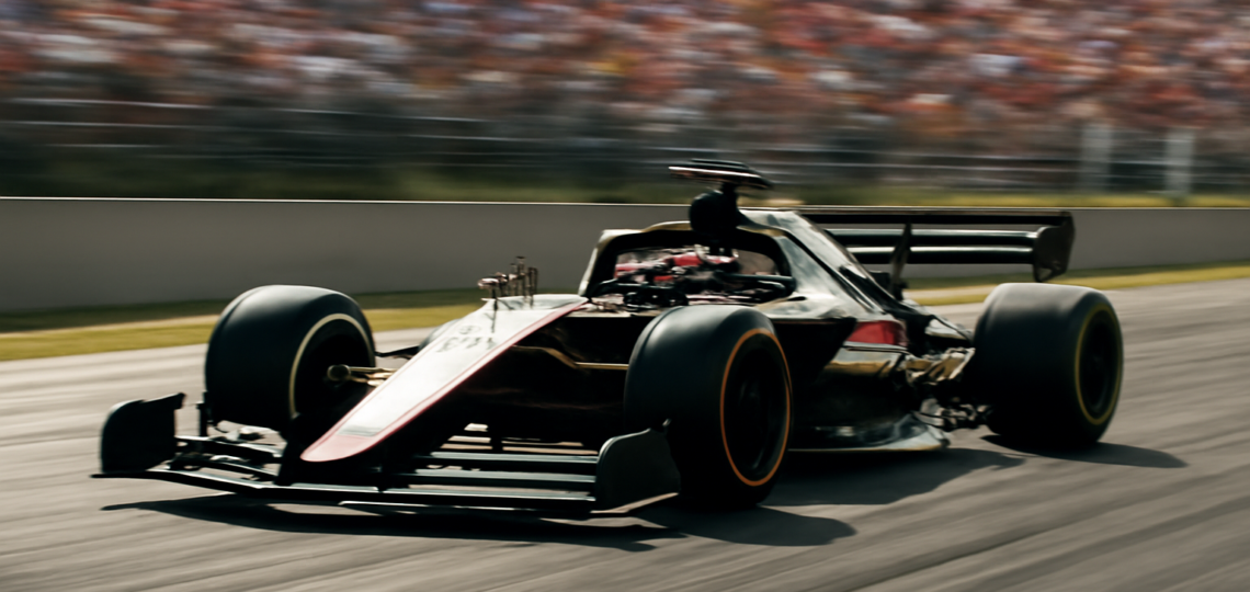 Mobil balap Formula 1 melaju cepat di lintasan dengan latar tribun penonton
