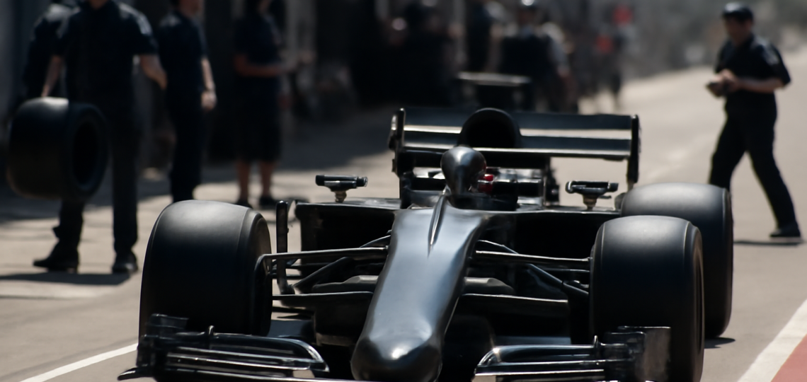Mobil Formula 1 keluar dari pit lane dengan mekanik di latar belakang