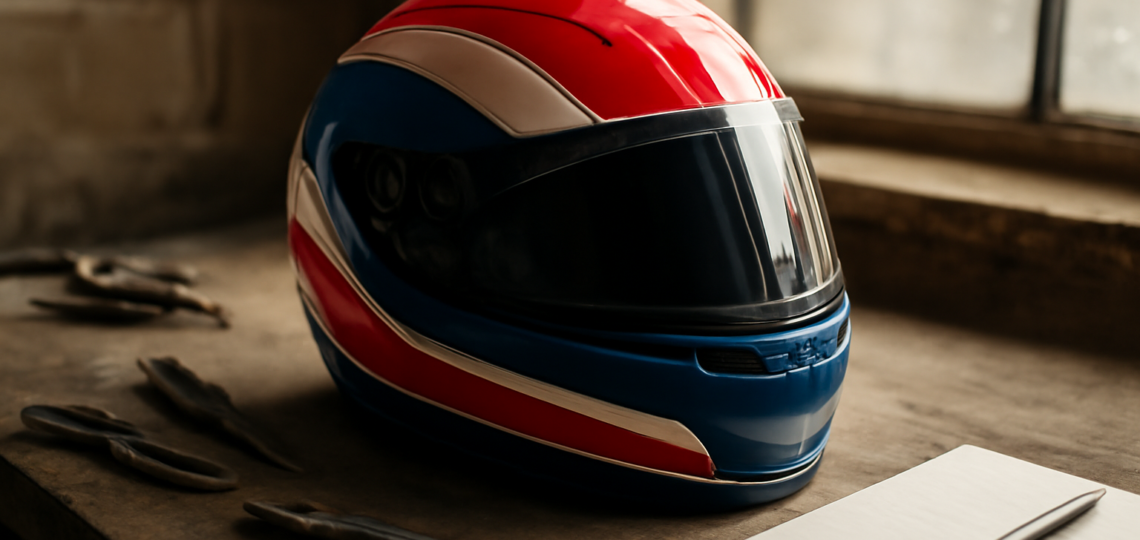 Helm balap F1 diletakkan di meja kerja untuk perawatan