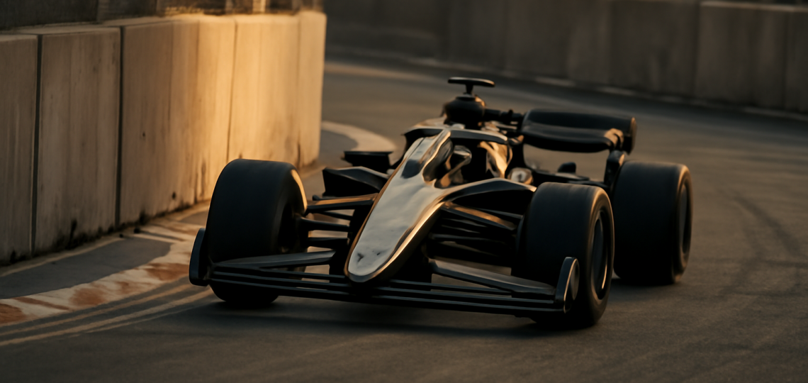Mobil F1 melintasi tikungan sempit di sirkuit jalanan dengan pembatas beton