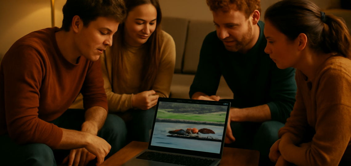 Sekelompok teman menonton balapan F1 di laptop sambil mencatat waktu sektor